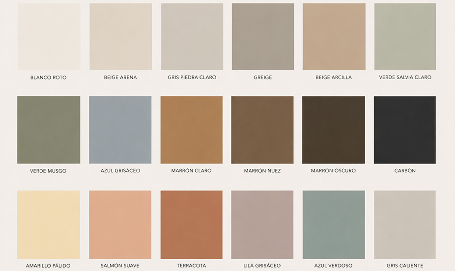Paleta de colores neutros, estilo japandi, en cuadrículas individuales.