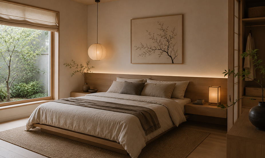 Habitación estilo japandi, con estilo relajado, colores néutros, iluminación sofisticada y materiales naturales
