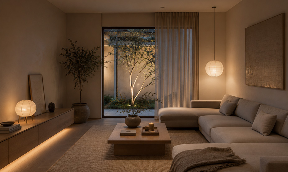 Sala de estilo Japandi con iluminación cálida y tenue, muebles de líneas simples y tonos neutros que crean un ambiente sereno y acogedor. La combinación de madera, textiles suaves y elementos naturales aporta equilibrio, calma y elegancia minimalista.