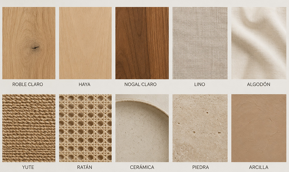 Paleta de materiales y texturas en tonos naturales y neutros, con maderas claras y oscuras, telas suaves como lino y algodón, fibras naturales como yute y ratán, y acabados minerales como cerámica, piedra y arcilla. Todo transmite una estética cálida, orgánica y minimalista.