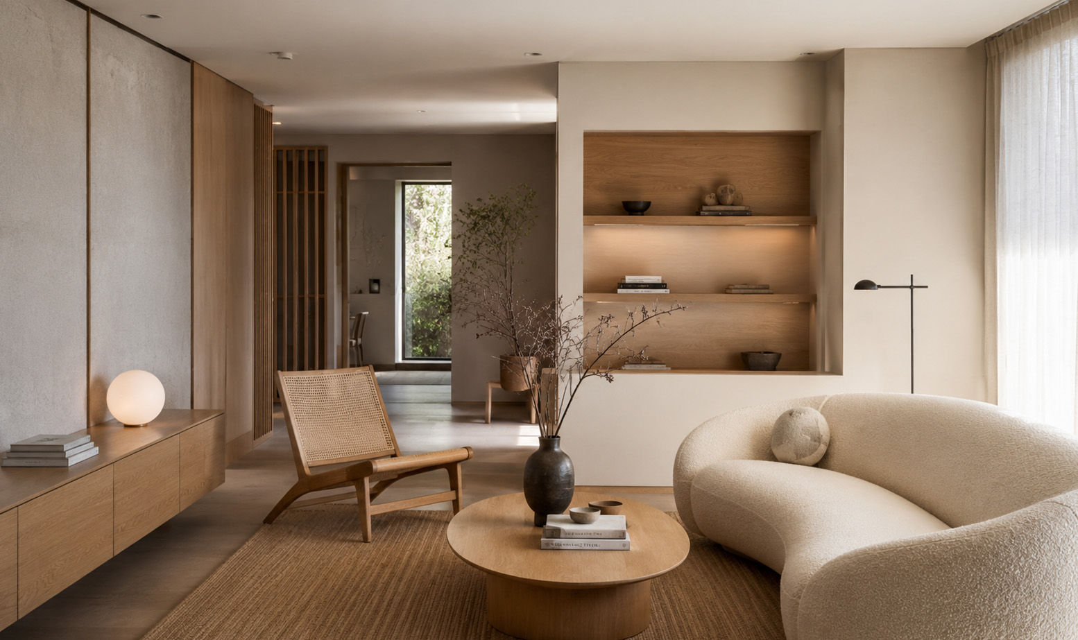 Espacio de estilo minimalista y acogedor, con muebles de madera clara, tonos beige y una iluminación suave que crea un ambiente cálido y tranquilo. La combinación de texturas naturales y líneas simples aporta elegancia y armonía.
