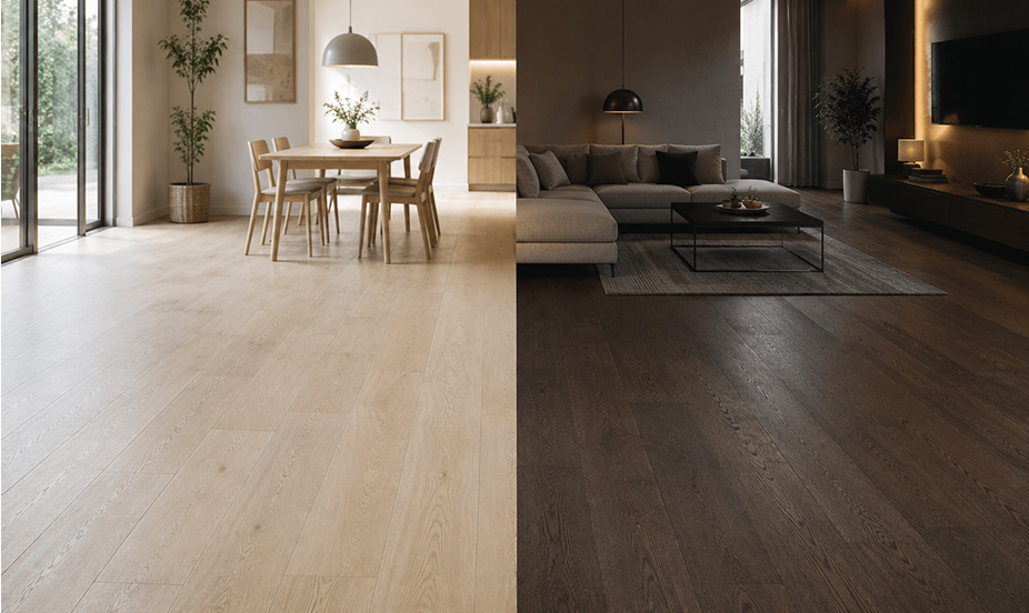 Visual comparison showing how the light floor brings luminosity versus the intense warmth of dark wood.