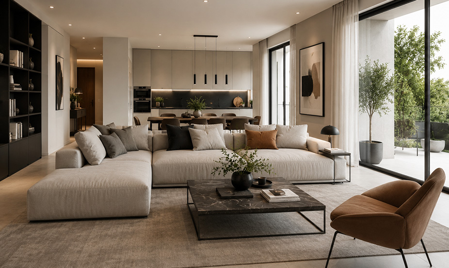 A modern, sophisticated design with clean lines, an elegant neutral color palette, modular furniture, and warm, inviting lighting.