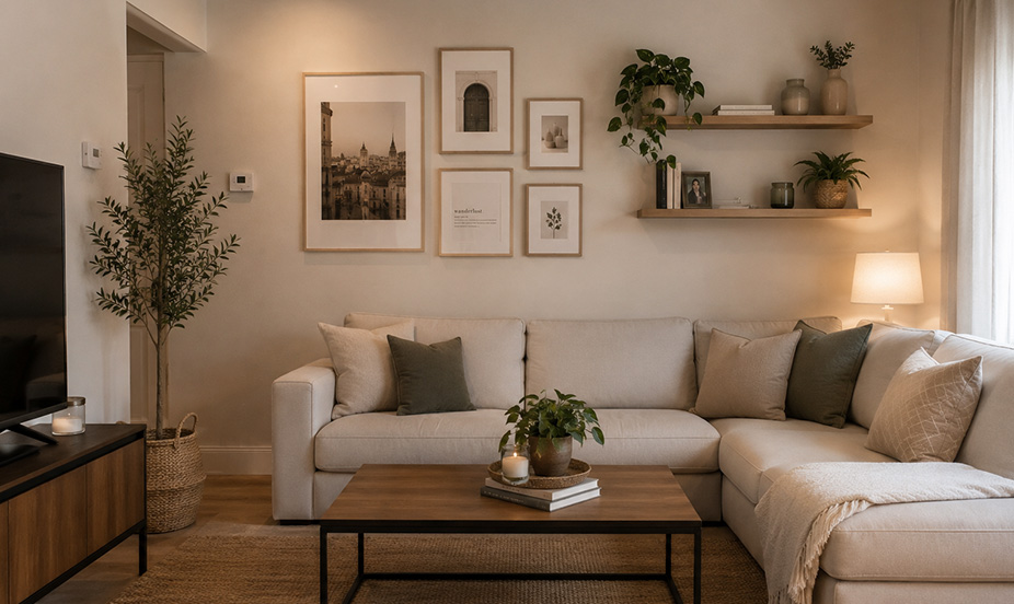 A beige wall decorated in a cozy style with framed pictures, wooden shelves, and green plants.