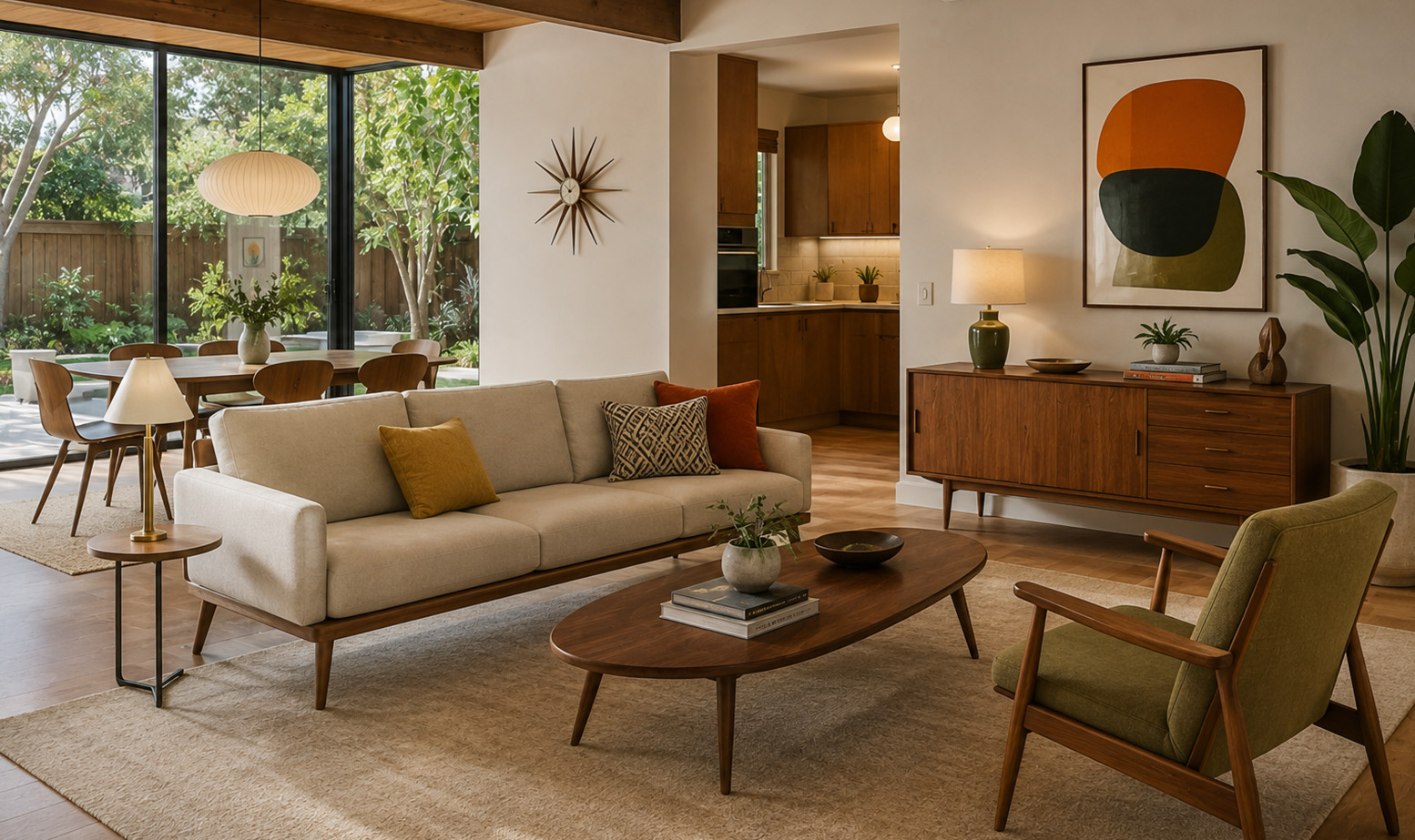 An iconic mid-century design that combines wood, organic furniture, and plenty of vibrant decorative accents.