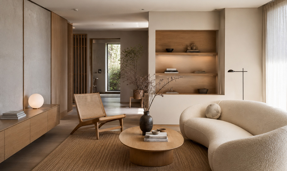 A minimalist fusion of Japanese and Nordic aesthetics, emphasizing natural textures, curved shapes, visual tranquility, and organic balance.
