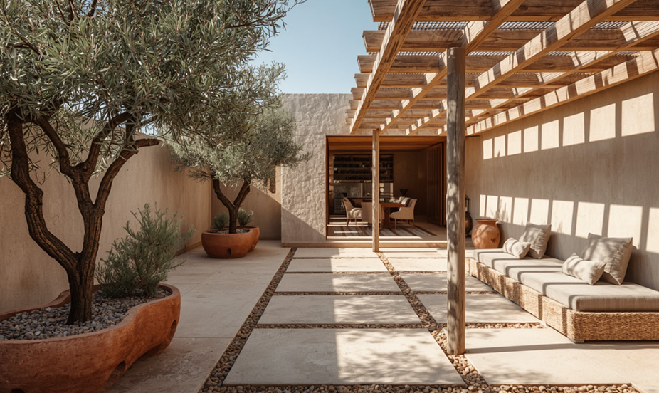 A sunny courtyard with olive trees, natural stone flooring, and a wooden pergola that evokes a sense of peace and outdoor freshness.