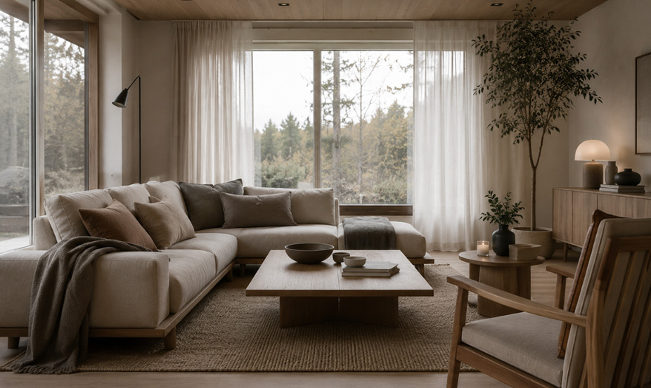 A bright atmosphere that highlights natural materials, light colors, warm wood, and soft textiles, creating a warm, homey feel.