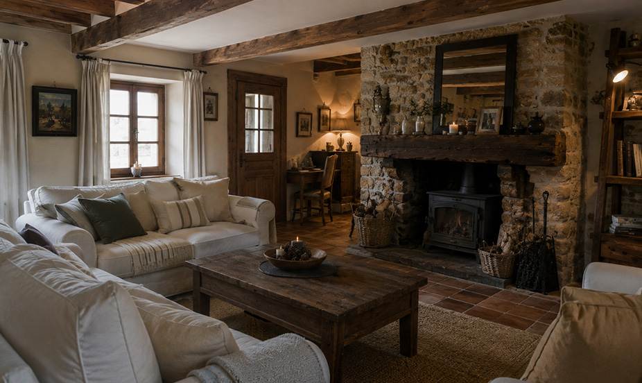 A warm interior with exposed wooden beams, a traditional stone fireplace, handcrafted decor, and a cozy, rustic atmosphere.