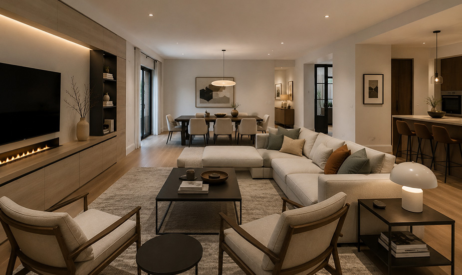 A spacious, modern living room with a built-in linear fireplace, a large corner sofa, and a warm atmosphere.