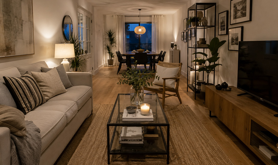 An elongated living room bathed in warm light, with a glass-topped coffee table and a dining area in the back.