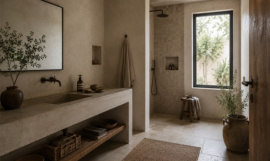 A bathroom with a stone sink, textured walls, and a large window overlooking the garden.