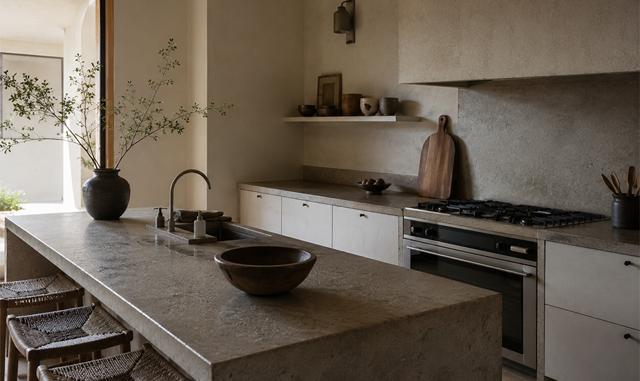 A modern rustic kitchen with a rough-textured stone countertop, light-colored cabinets, and jute stools.