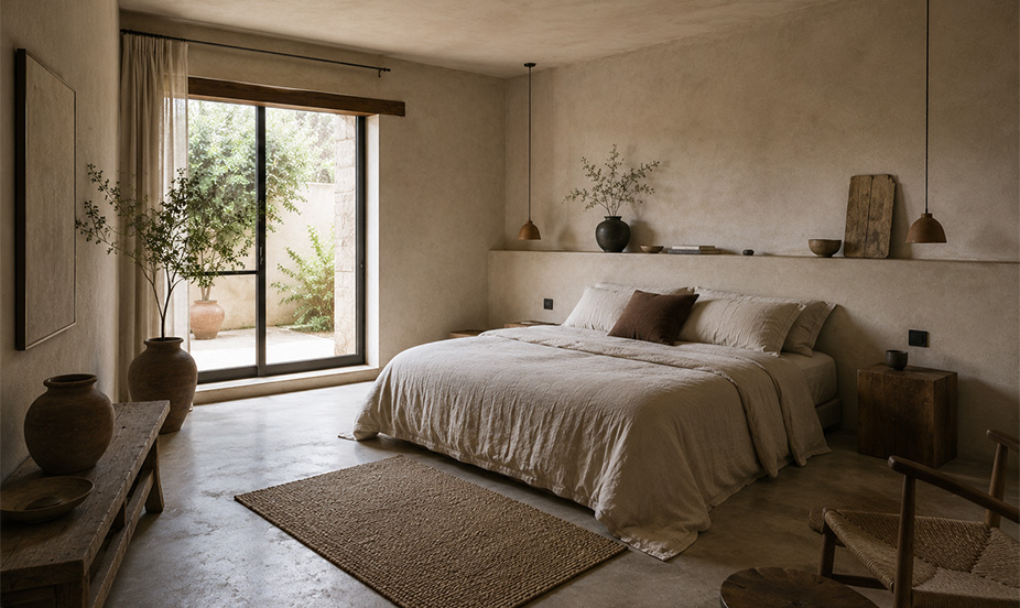 A bedroom with a beige linen bed, pendant lights, a concrete floor, and large clay vases.