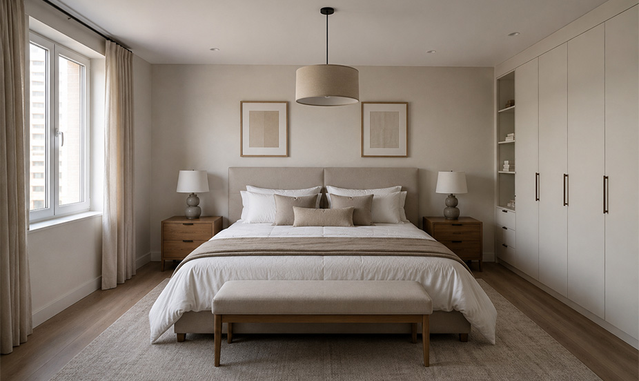 A symmetrically designed bedroom with a bed centered between two nightstands and a row of built-in closets.