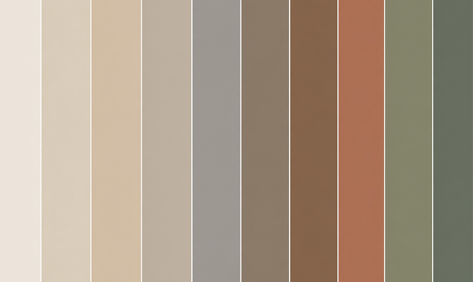 A neutral color palette featuring earth tones and muted shades—beige, brown, green, and gray.