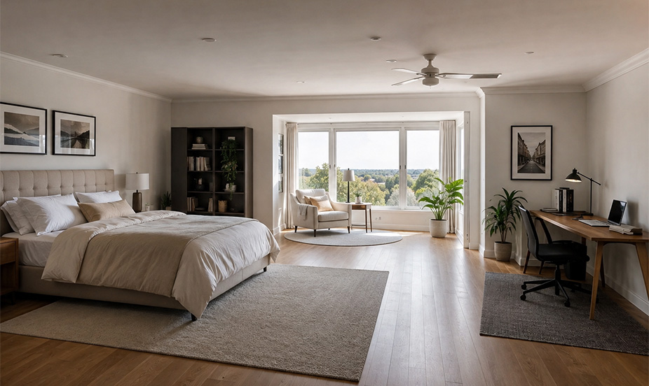 A spacious bedroom featuring a comfortable main sleeping area and a second area equipped with a desk.