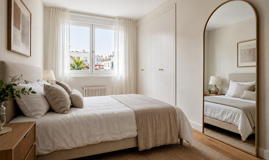 A cozy little room decorated in light colors, equipped with closets and a large floor-length mirror that reflects light.
