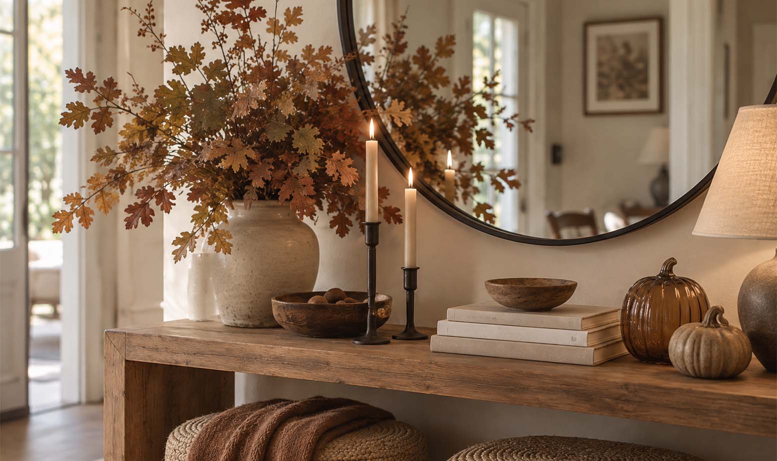 An entryway decorated in autumnal tones: a wooden console table, a round mirror, a vase with dried branches, lit candles, books, and pumpkins.