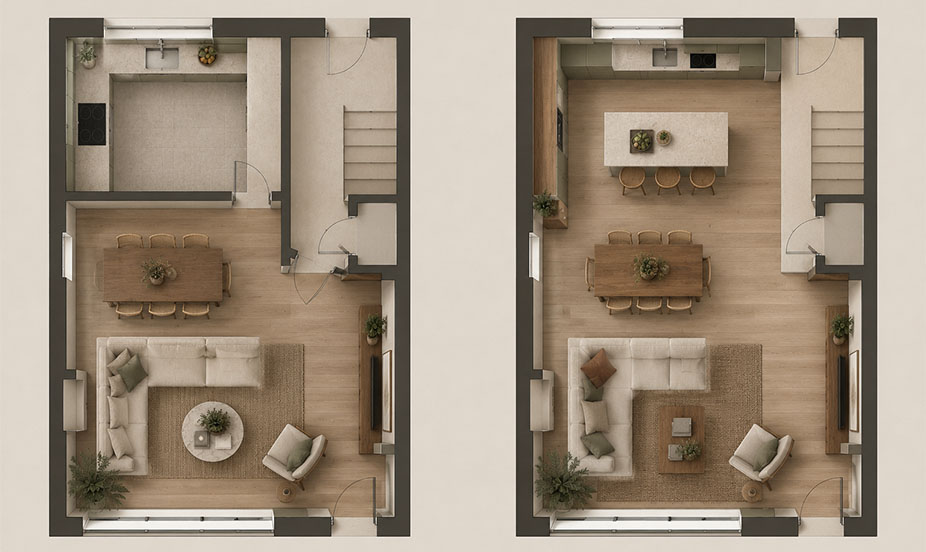 Dos planos arquitectónicos cenitales comparativos mostrando la distribución de una cocina abierta o semiabierta junto al salón-comedor.