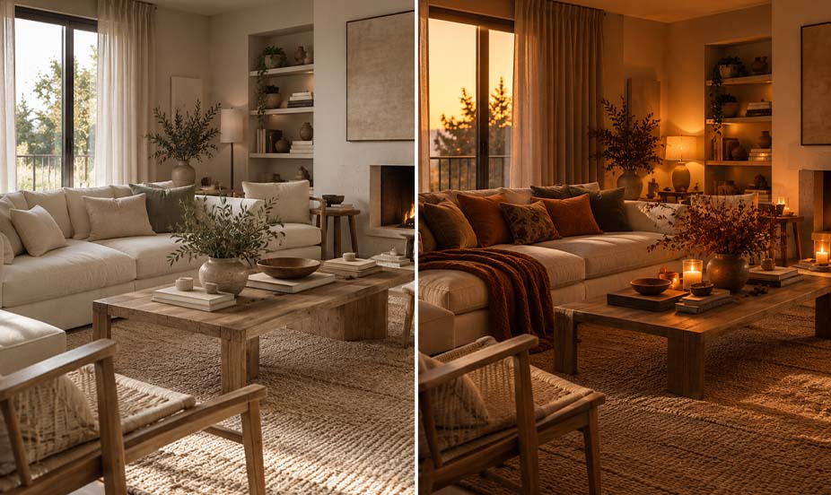 A comparison of a living room at two different times: on the left, bright and neutral; on the right, cozy, warm, and well-lit.