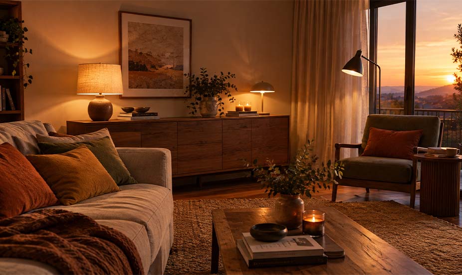 A cozy living room at sunset, lit by several lamps, with earth-toned cushions and a large window overlooking the horizon.