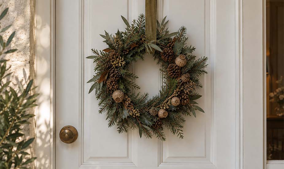 An autumn wreath made of green branches, pinecones, and dried elements, hanging on an elegant white front door.